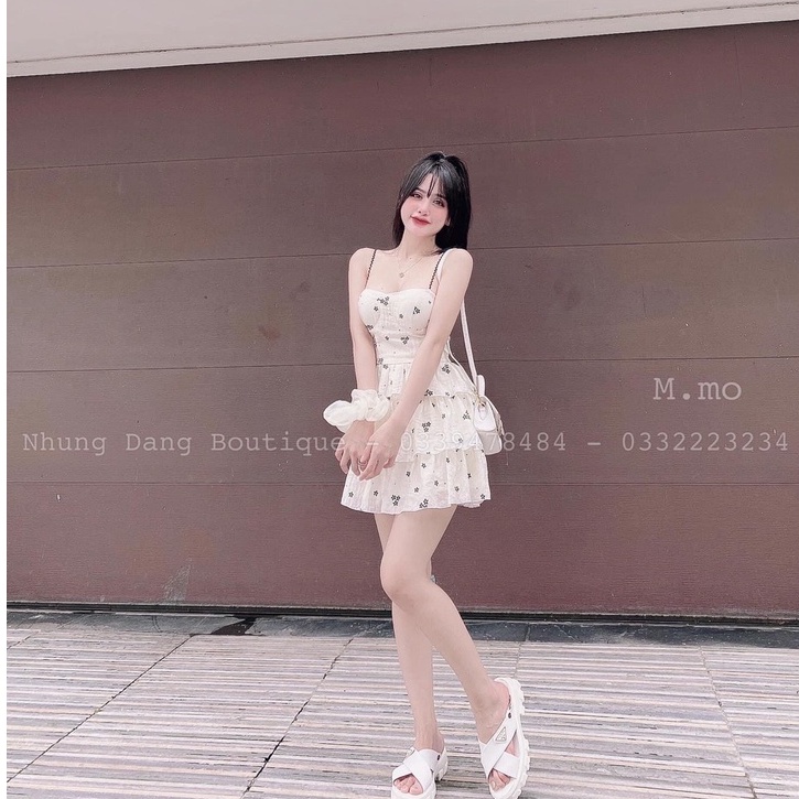 Đầm xòe 2 dây xếp tầng in họa tiết ngôi sao mẫu có mút ngực thời trang nữ năng động trẻ trung