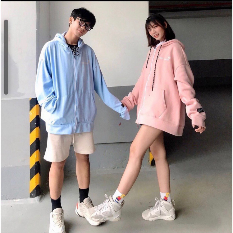 ÁO KHOÁC HOODIE CHỮ A IN LƯNG HOA CÚC XANH HỒNG • ÁO NỈ MŨ ANGEL LAND COUPLE ULZZANG