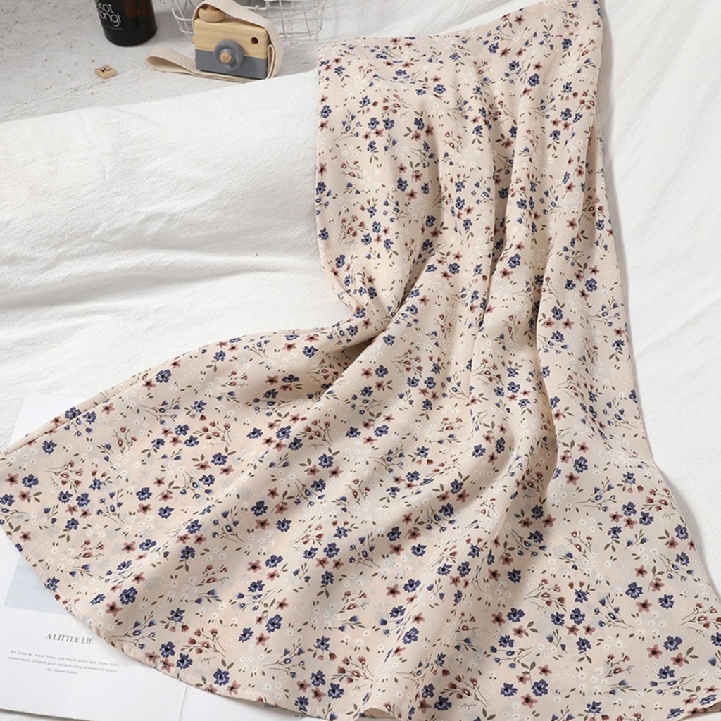 Chân váy hoa nhí midi voan lụa hai lớp lưng chun lót mát