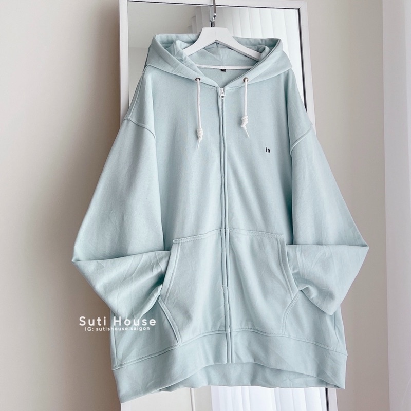 Áo Hoodie Zip Thêu Chữ IN Màu Xanh Mint Nhạt Pastel Unisex Form Rộng - Suti house