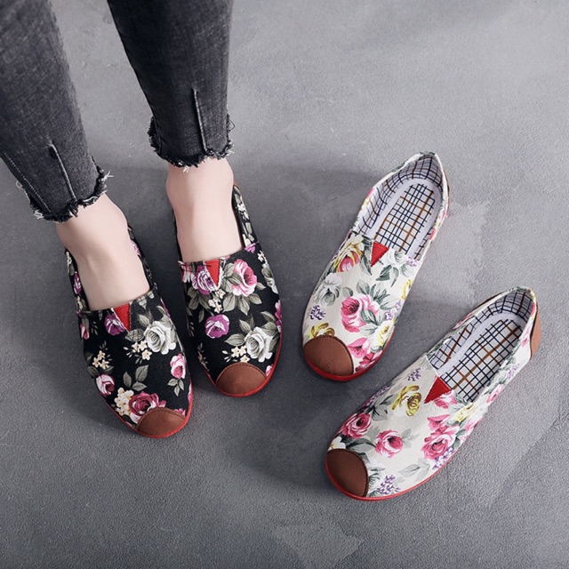 (Ảnh + video) Giày vải slip on hoa lá flowery