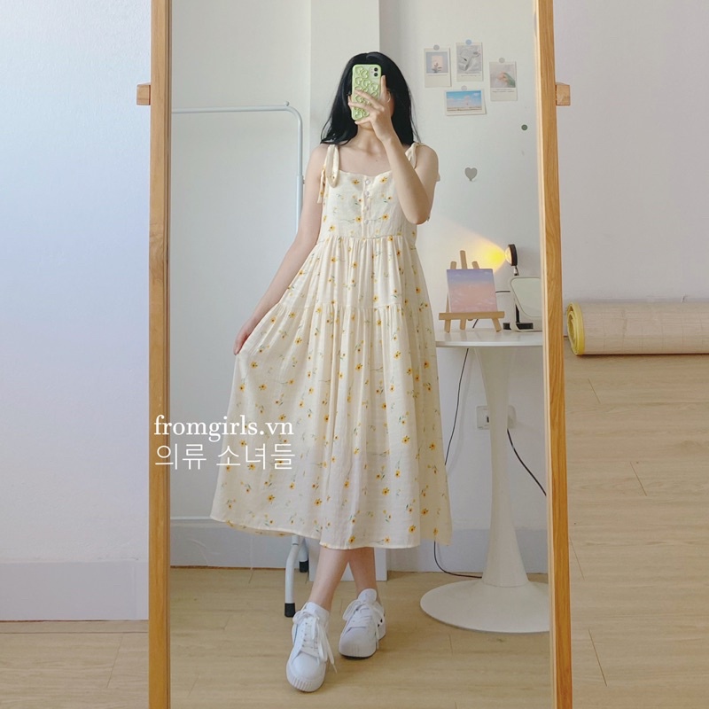 Đầm maxi đi biển, váy hoa nhí 2 dây dáng rộng 2 lớp buộc nơ vai fromgirls.vn - V80