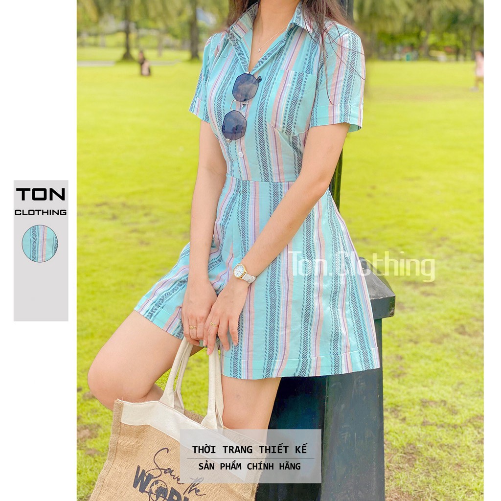 Jumpsuit nữ ngắn freesize Ton.Clothing hoạ tiết sọc dọc vải Linen mịn mát thiết kế tay ngắn màu sweet JUM001