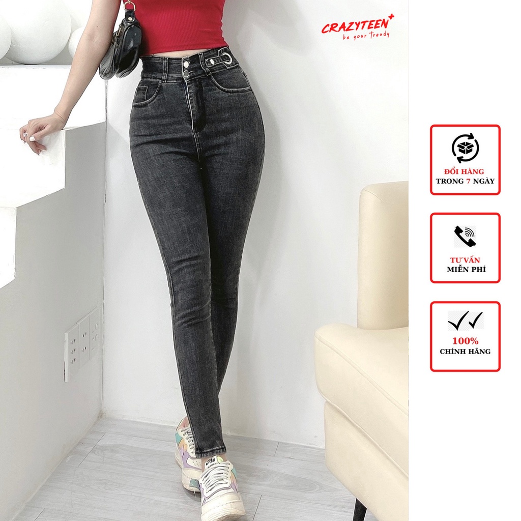 Quần jeans dáng ôm nữ CRAZYTEEN lưng cao đai phối nút K0256