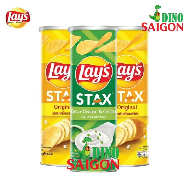 Combo 3 Hộp Bánh Snack Khoai Tây Lay's Stax Thái Lan 105g gồm 2 vị Tự Nhiên và 1 vị Kem Chua Hành