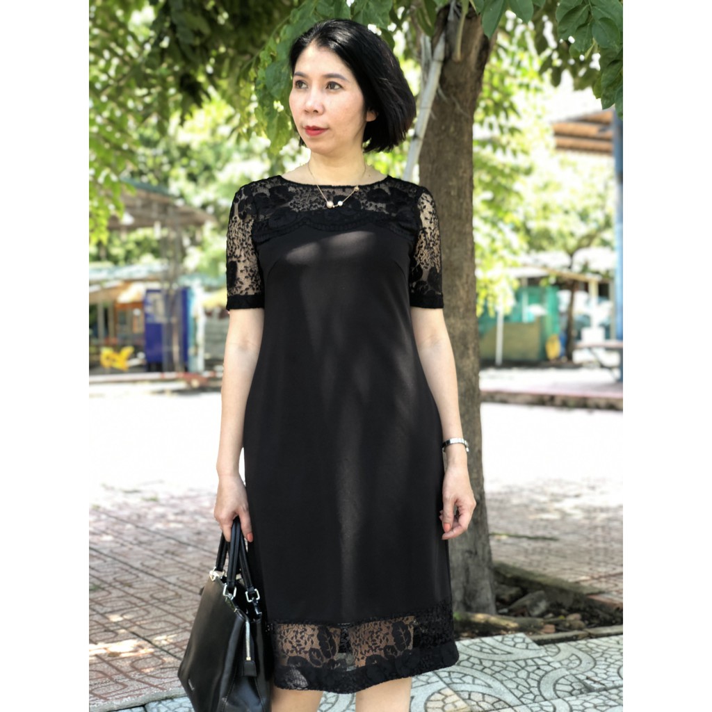 Váy đầm trung niên TIFALU - Đầm suông phối ren LD690 The Lady by Tifalu