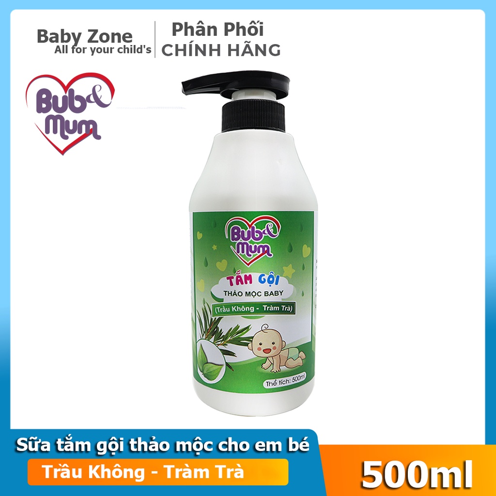 Sữa tắm cho bé dùng tắm gội toàn thân chiết xuất thảo mộc từ tinh dầu Trầu Không và Tràm Trà Bub&Mum dung tích 500ml - P