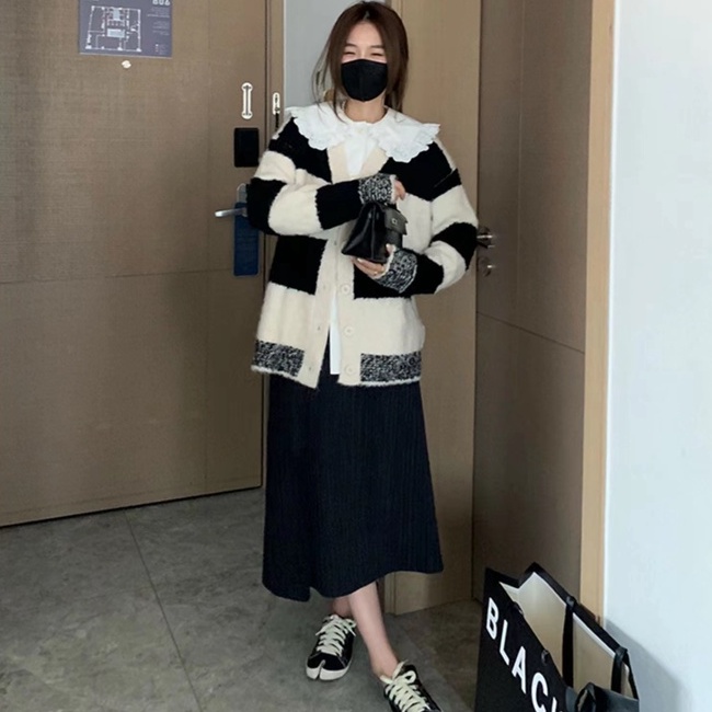 Áo khoác cardigan ZHELIHANGFEI dệt kim tay dài dáng rộng họa tiết kẻ sọc thời trang