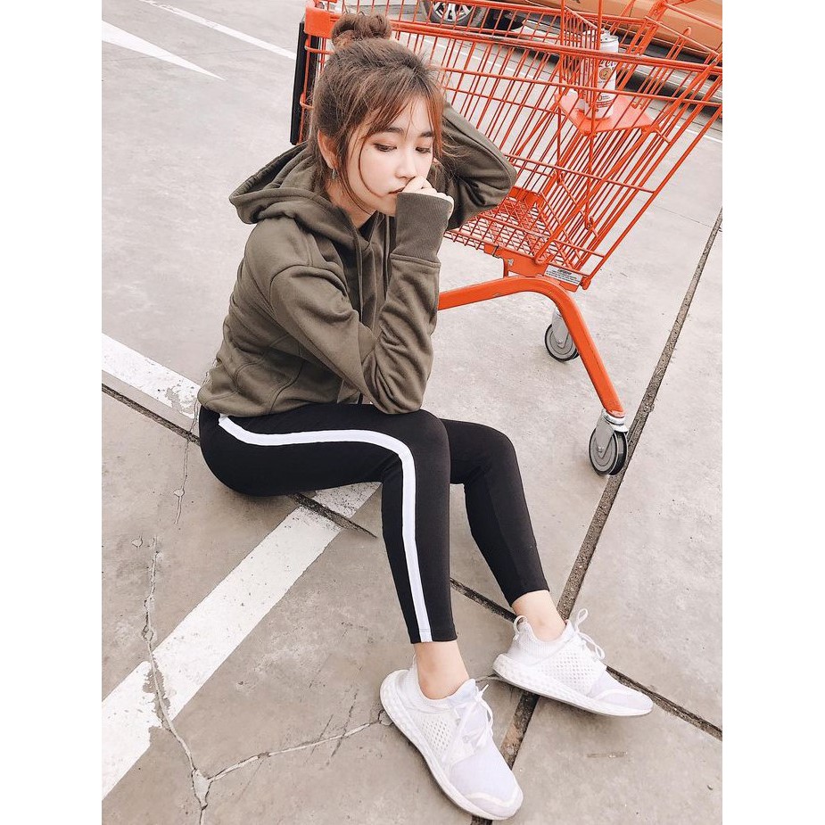 Quần Legging Lưng Liền Đen 1 Sọc Trắng Thun Co Giãn Mềm Mại | BigBuy360 - bigbuy360.vn