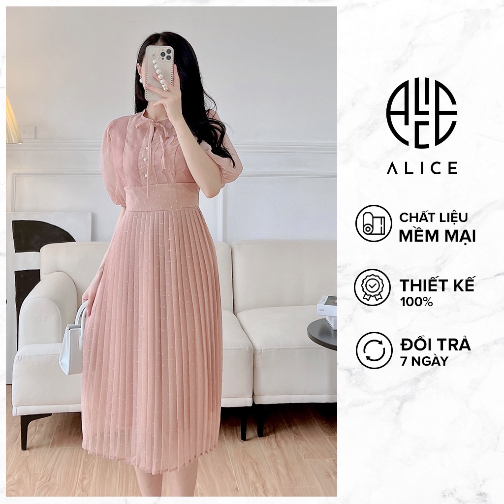 Váy Công Sở Nữ Dáng Dài ALICE Chất Voan Dập Li Mềm Mịn Thiết Kế Cổ Bèo Đính Cúc Ngọc V844