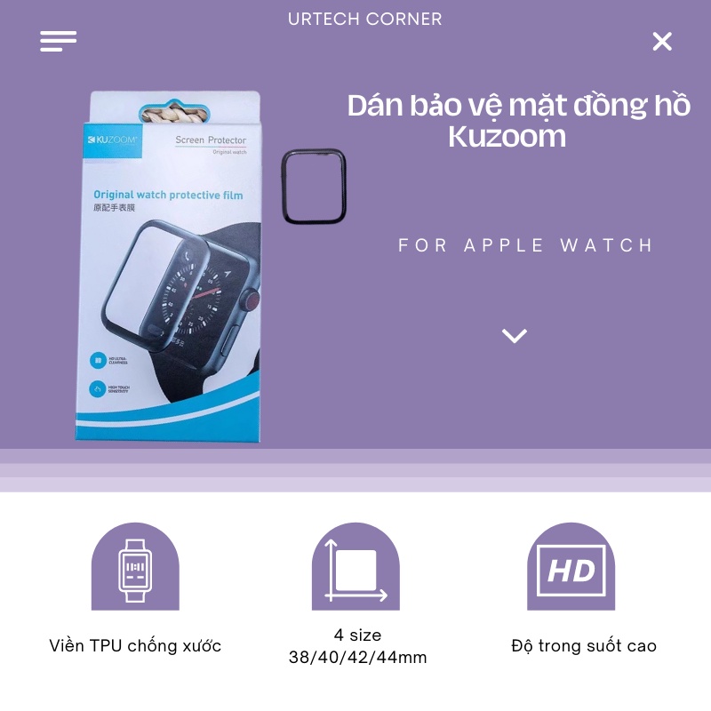 Dán dẻo mặt đồng hồ Apple Watch Kuzoom Urtechcorner chống xước mặt cho 4 size 38/40/42/44mm màn hình trong độ nét cao