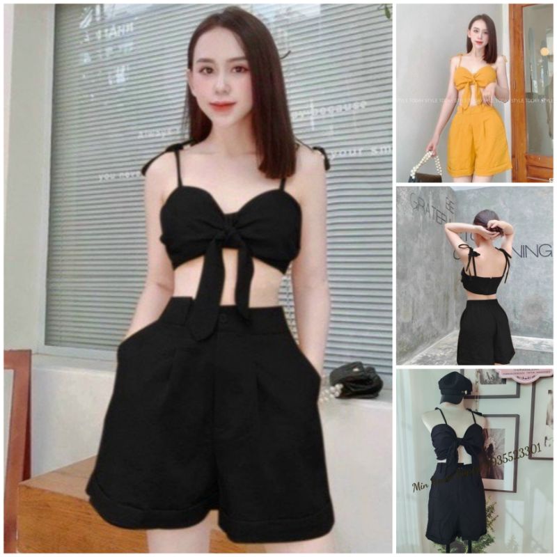 SẴN VÀNG (60-90KG) MINSTORE BIGSIZE Set đi biển nơ Màu: đen/ vàng Chất: linen