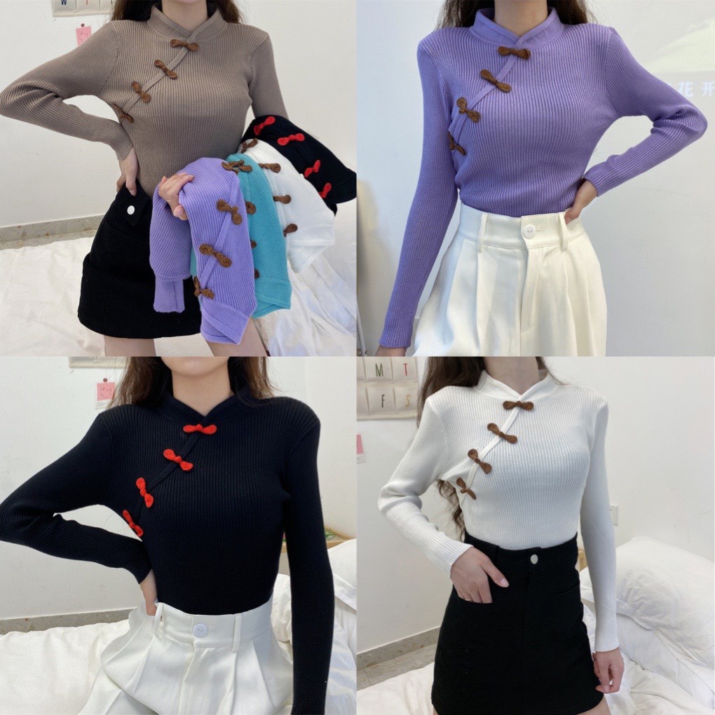 (Quà tặng là băng urgo cute)(Nhiều màu hàng Quảng Châu) Áo Len Sườn Xám Thu Đông Phong Cách Cổ Điển