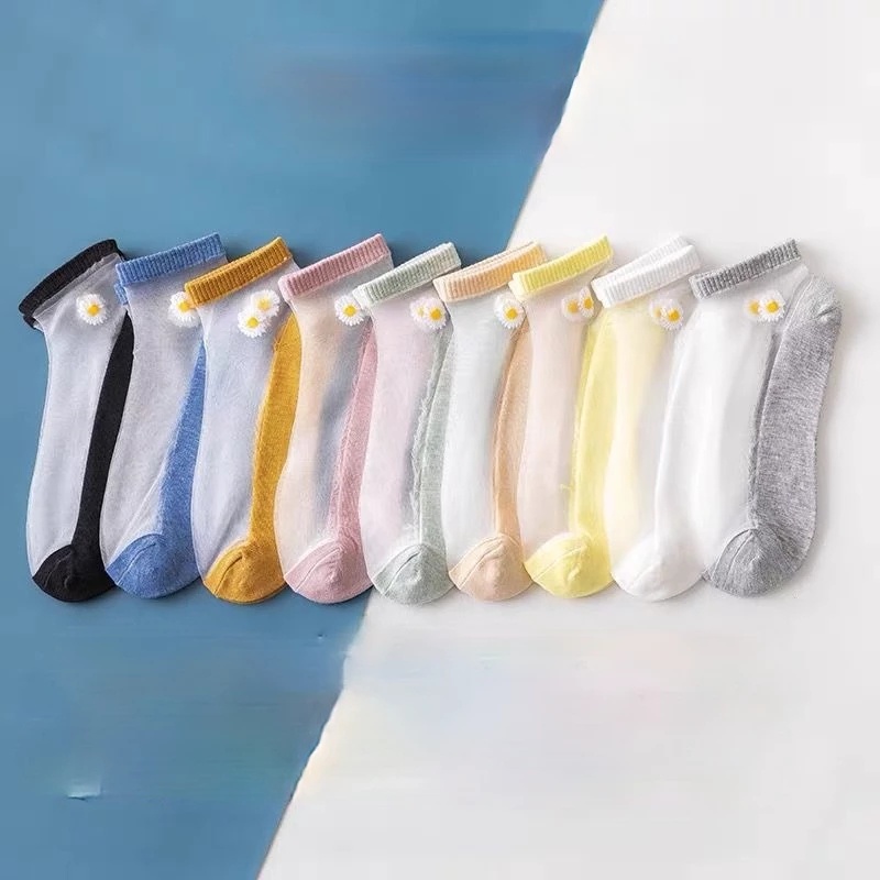 1 Đôi Vớ Trong Suốt Vải Lụa Mỏng Cổ Thấp In Hình Hoa Cúc Nhỏ Dễ Phối Đồ