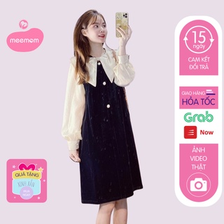 Váy bầu thu đông - đầm bầu thời trang công sở chất nhung 3 cúc 2 màu đen đỏ BN58 - Meemom