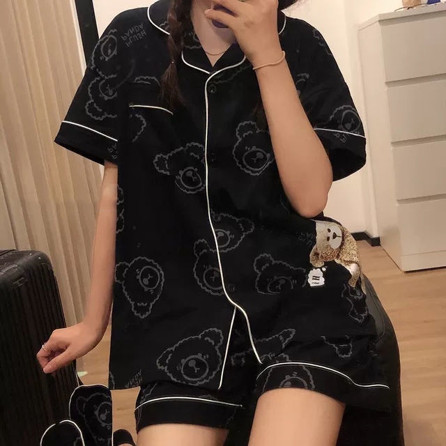 Bộ Đồ Ngủ Tay Ngắn In Hình Gấu Dễ Thương Phong Cách Hàn Quốc Thời Trang Mùa Hè Cho Nữ