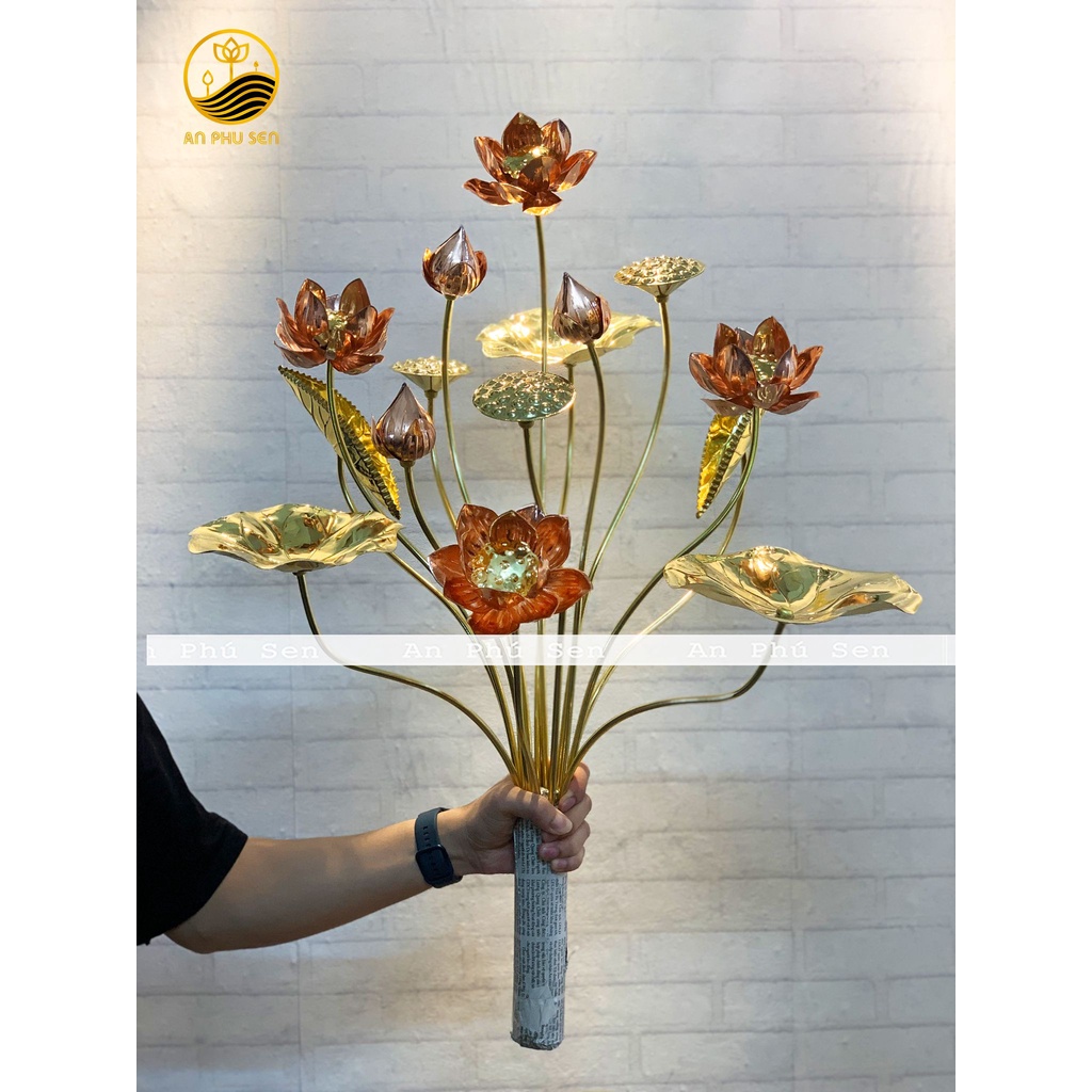 BÓ HOA SEN ĐỒNG TRANG TRÍ BAN THỜ CHẤT LIỆU ĐỒNG VÀNG SIÊU DÀY DẶN