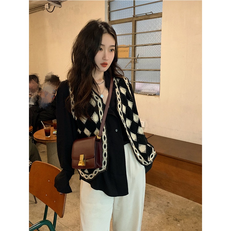 SUXI Áo dệt kim không tay màu đen thời trang mùa thu xinh xắn cho nữ