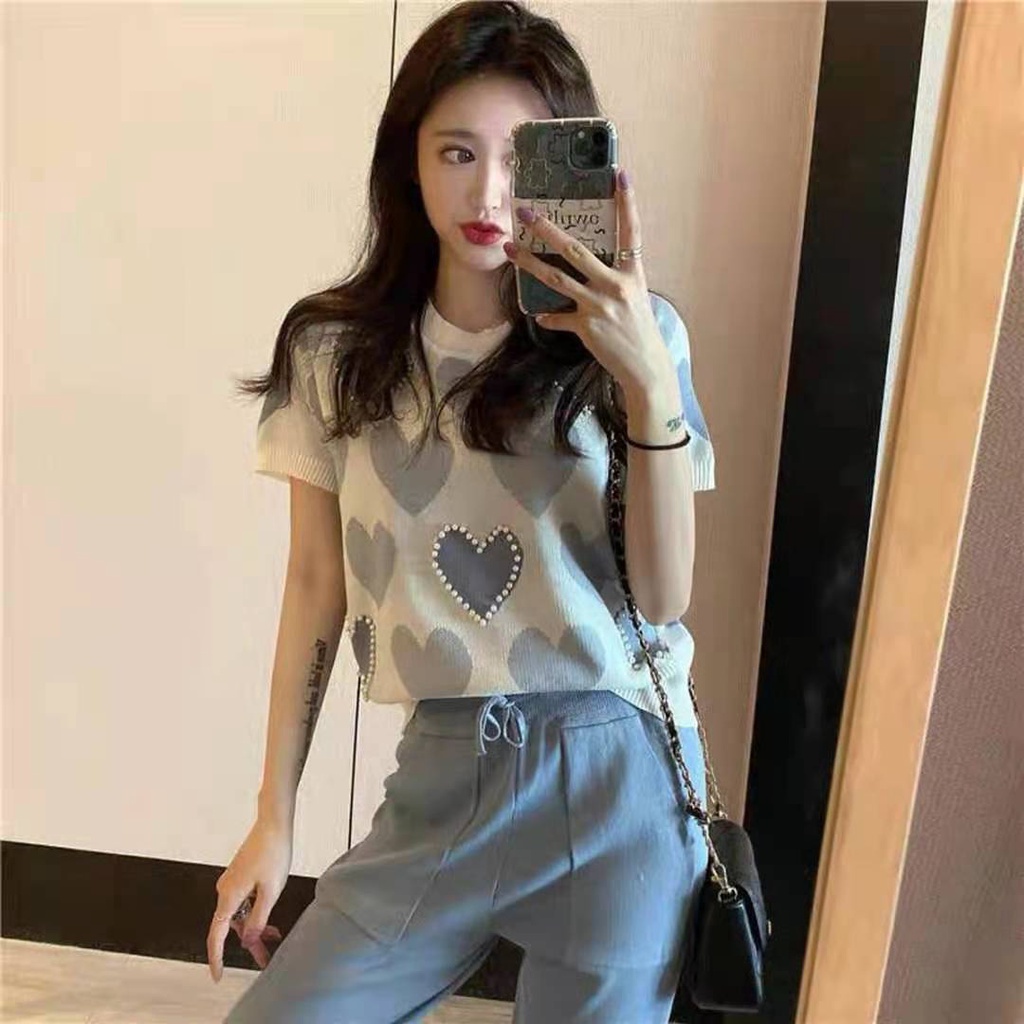 Áo nữ BH tay ngắn cổ tròn họa tiết trái tim thời trang xinh xắn cho nữ