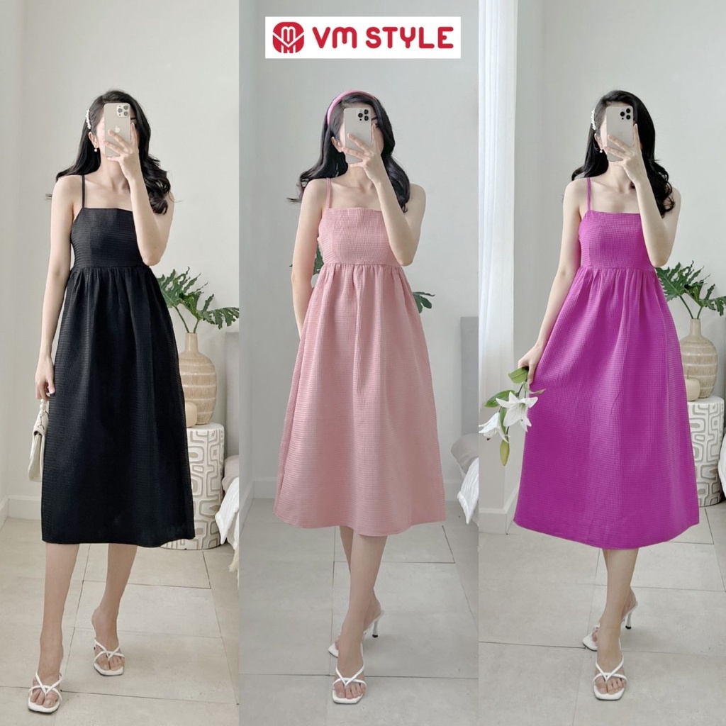 Đầm 2 dây dài xòe nữ VM STYLE màu trơn xốp ô nổi dạo phố thời trang ulzzang 22VD03EP2503