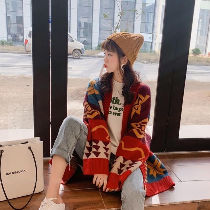 Áo Khoác Cardigan Dệt Kim Tay Dài Dáng Rộng Phong Cách Thời Trang Hàn Quốc