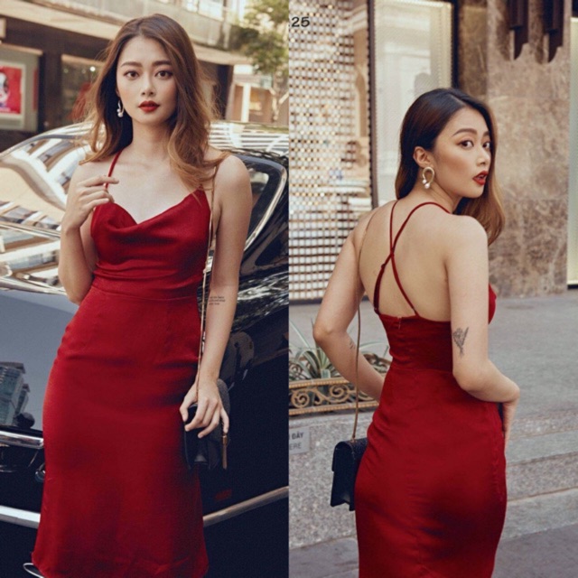 Đầm phi 2 dây cổ đổ hở lưng kèm ảnh thật/ đầm dự tiệc