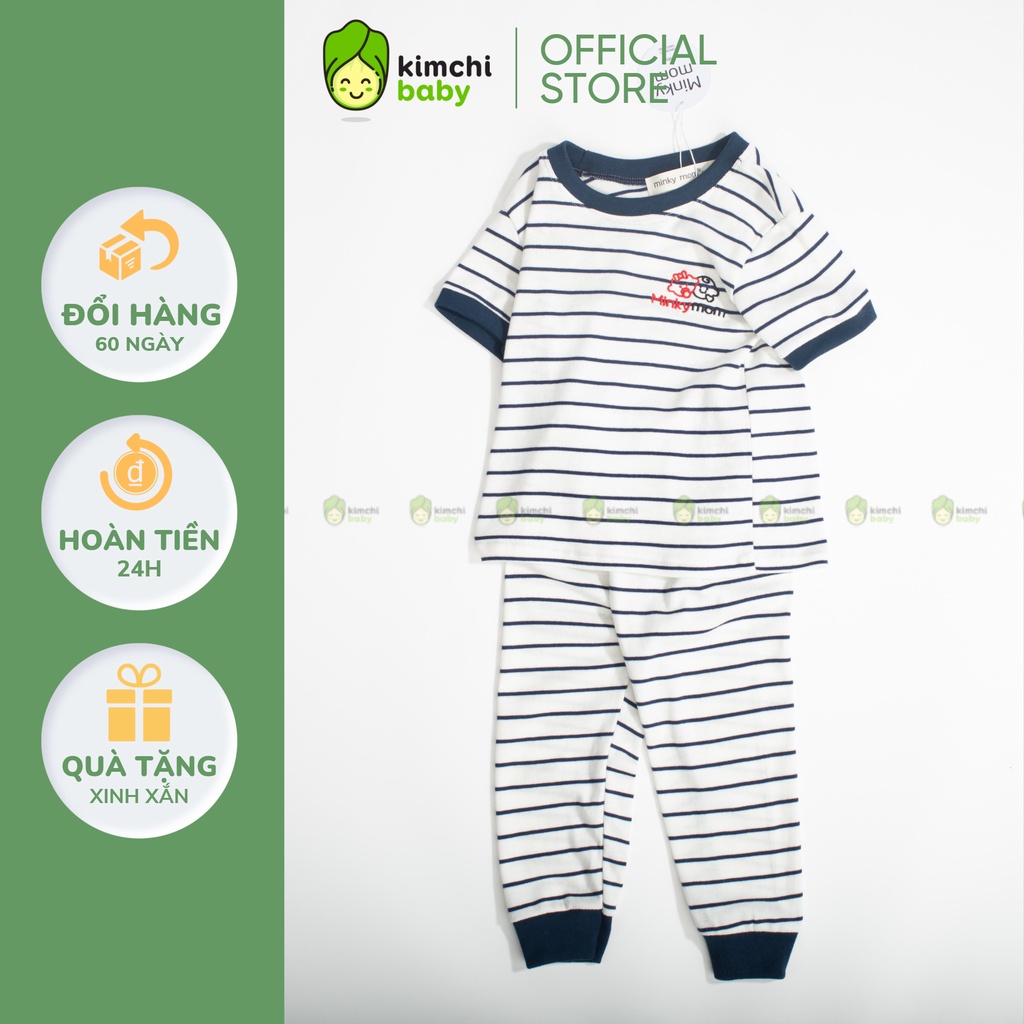 Bộ Dài Tay Cho Bé Gái, Bé Trai Minky Mom Vải Cotton Borip Kẻ Ngang Thêu Ngực, Bộ Quần Áo Trẻ Em Mặc Nhà MKMTD2175