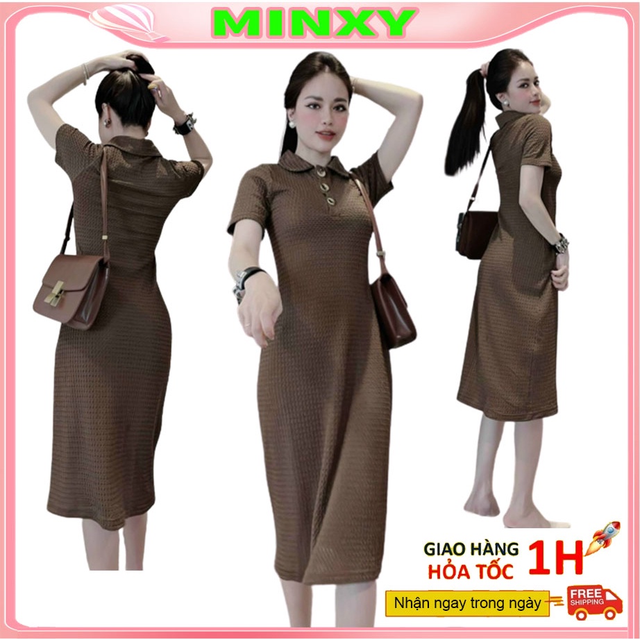 Váy body nâu cô bẻ đầm dáng dài chất tăm co giãn tốt-Minxy shop