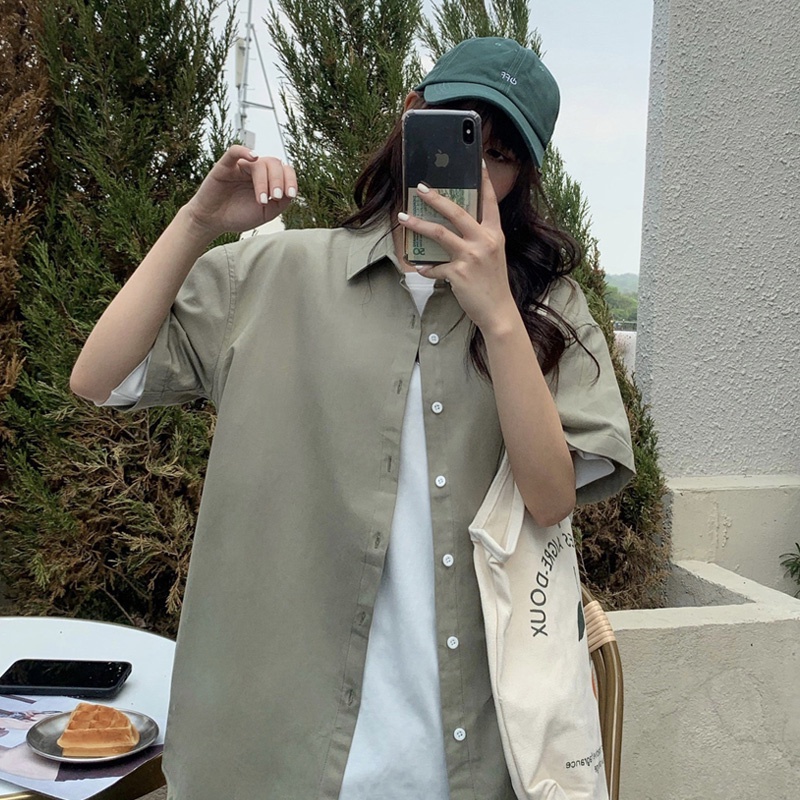 Áo sơ mi nữ SUXI tay ngắn dáng rộng màu trơn kiểu Hàn Quốc thời trang mùa hè