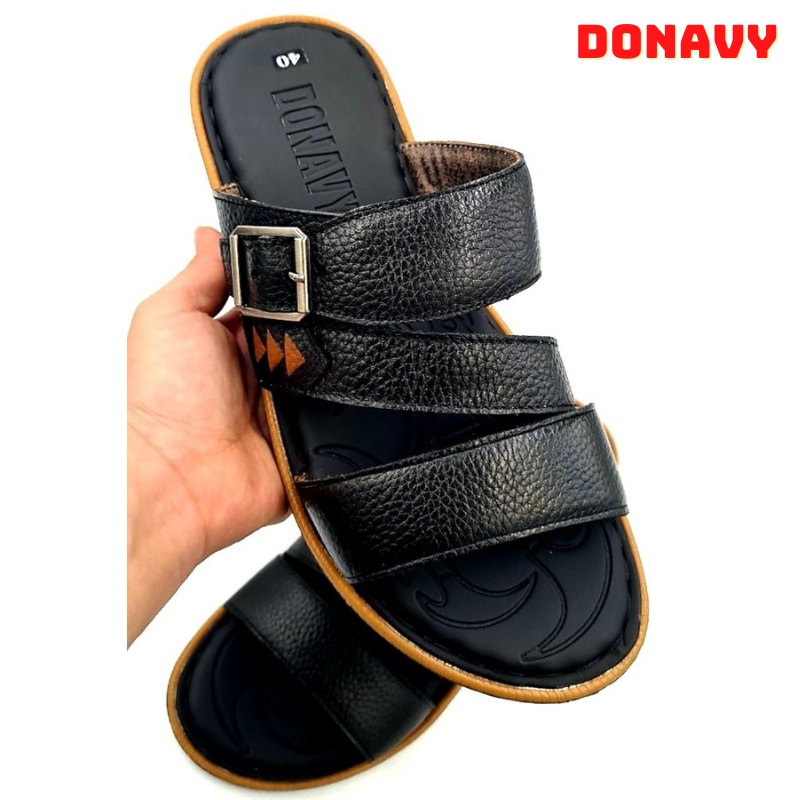 Dép 03 quai nam da bò thật 100% DONAVY, quai đính khuy chống rỉ, đế cao su tốt đi rất êm chân donavy.3ql