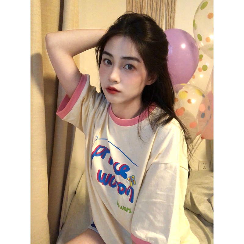 Áo Thun Tay Ngắn Cổ Tròn In Màu Tương Phản Thời Trang Hè Cá Tính Cho Nữ