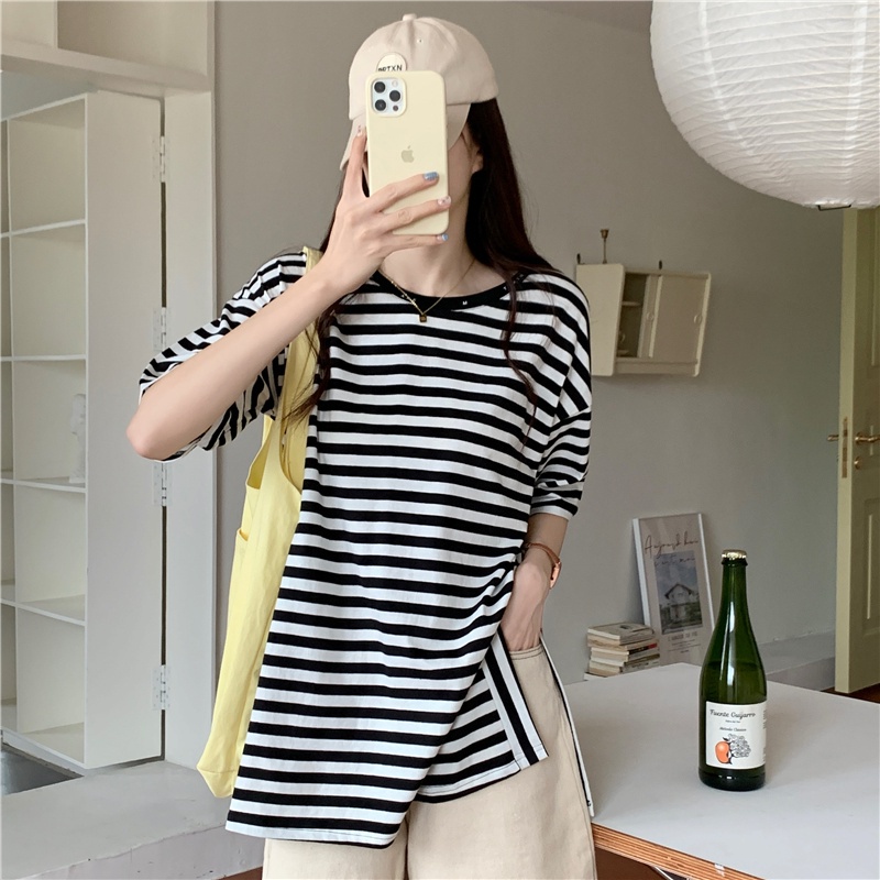 Áo Thun Ngắn Tay Cổ Tròn Họa Tiết Kẻ Sọc Phong Cách Hàn Quốc Thời Trang Mùa Hè Dành Cho Nữ