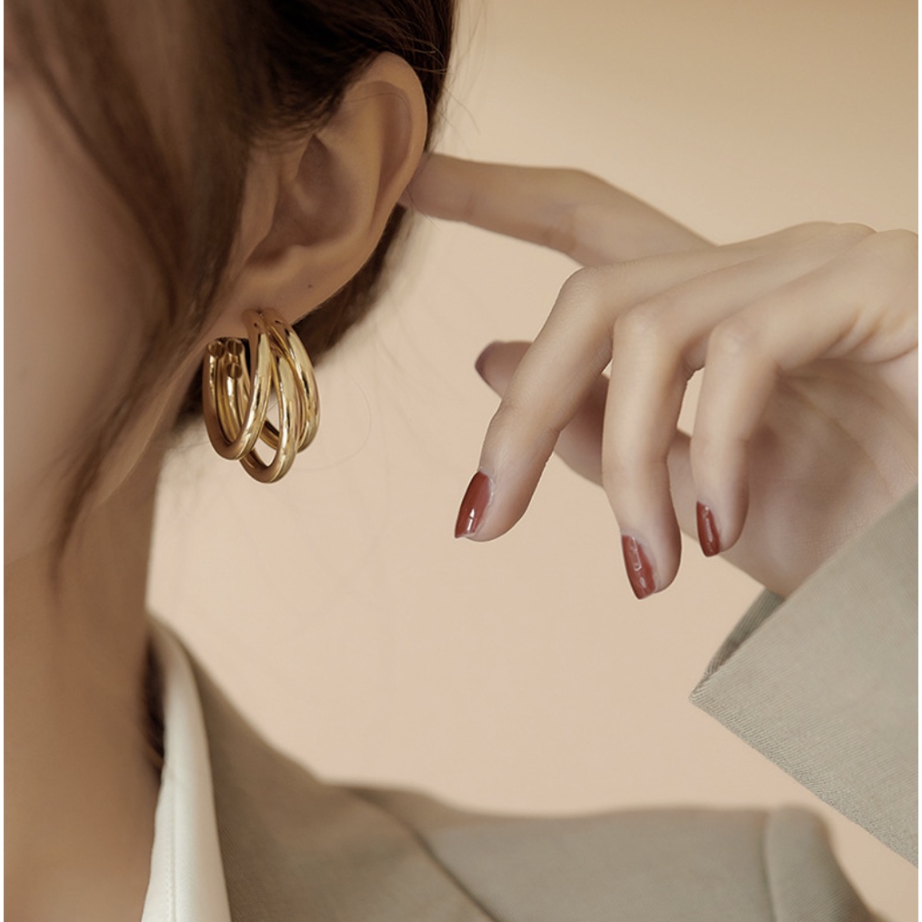 Bông tai/ Hoa tai hợp kim 3 vòng cỡ lớn phong cách Hàn Quốc