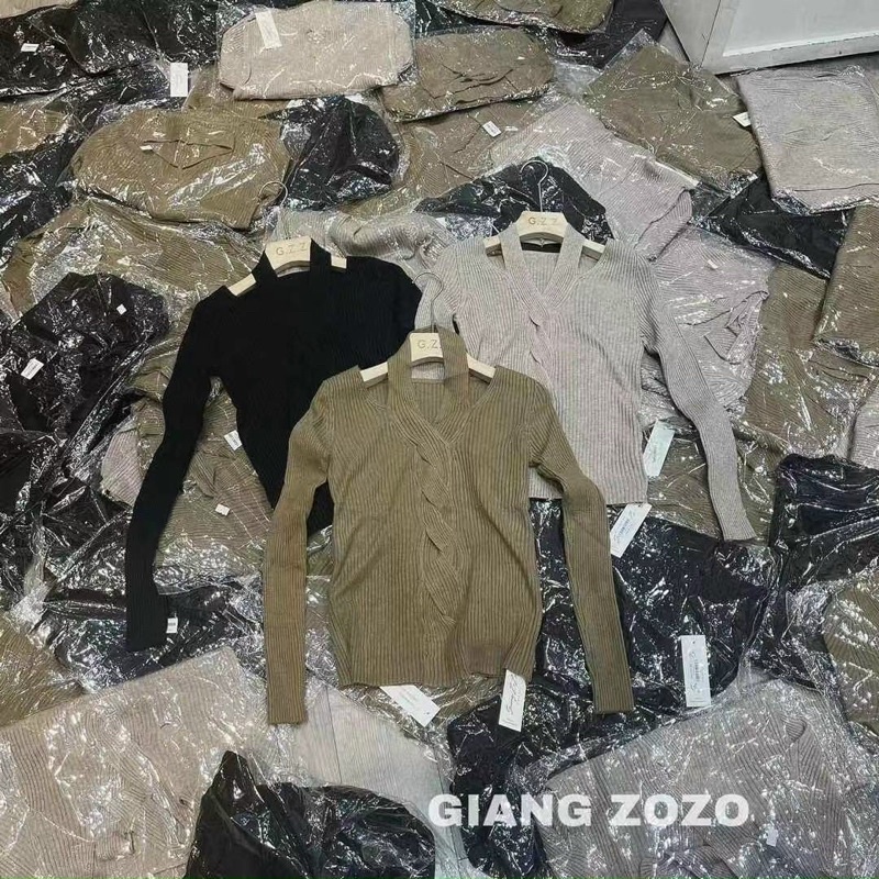 áo len dệt kim xoắn giữa mix dây cổ