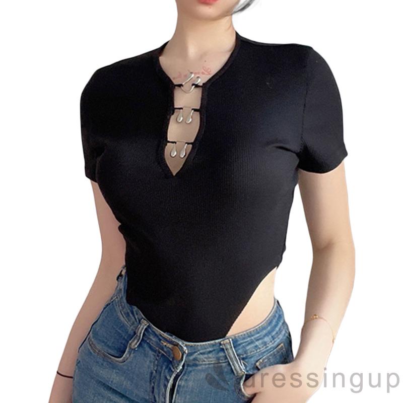DRE-Women´s Summer Knitted Bodysuit,Black Short Sleeve Round Neck Front Crochet Buckle Bodysuit | BigBuy360 - bigbuy360.vn
