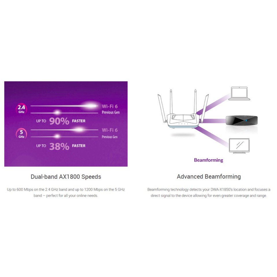 Bộ thu sóng Wi-Fi cổng USB chuẩn Wi-Fi 6 (802.11ax) tốc độ AX1800 - D-LINK DWA-X1850