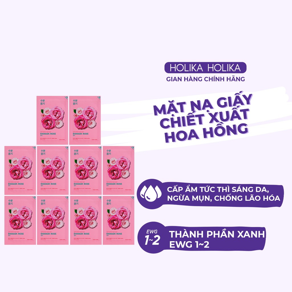 Set 10 mặt nạ giấy Holika Holika chiết xuất hoa hồng Damask Pure Essence Mask dưỡng ẩm, chăm sóc da 23ml - 7057