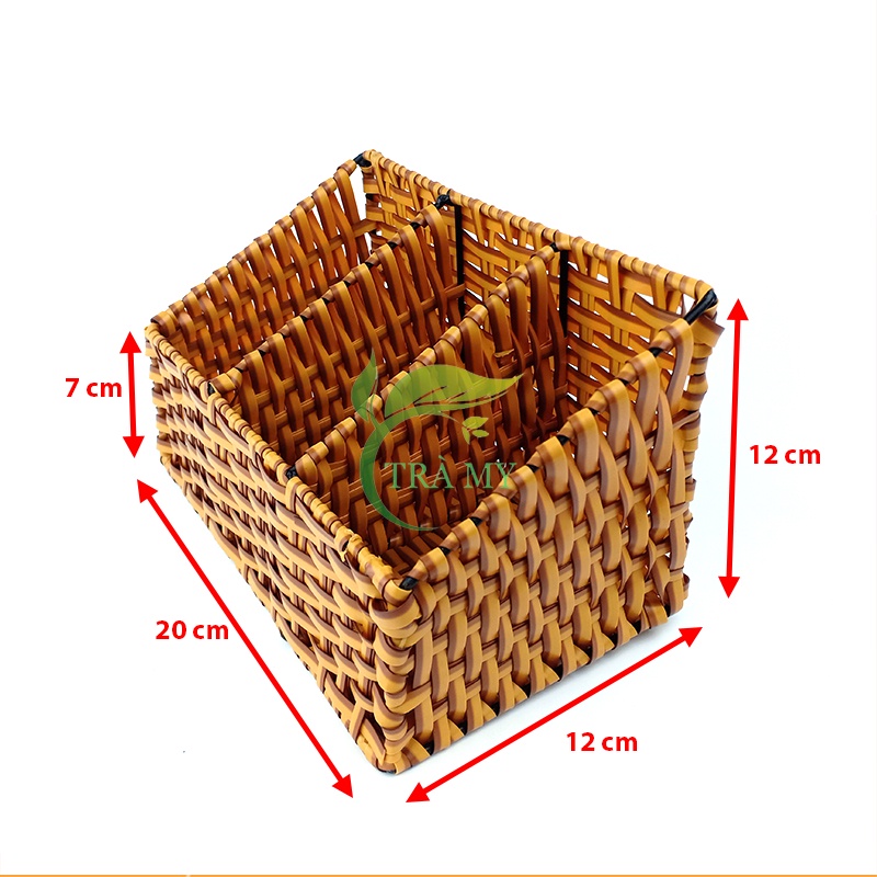 Khay xéo mây nhựa đan chia ô ngang 3 ngăn đựng bút viết dụng cụ bàn làm việc - Mây Tre Trà My