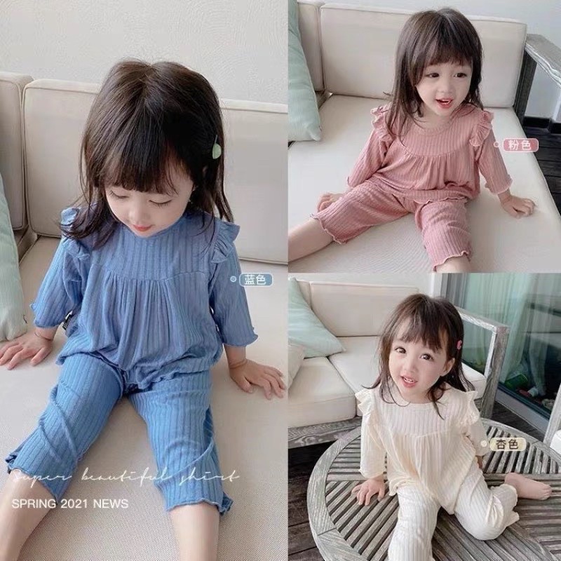 Bộ dài tay cho bé, đồ bộ bé gái chất gân lạnh siêu mềm mại, kiểu dáng đáng yêu Xu Xu Kids size từ 8 đến 22kg