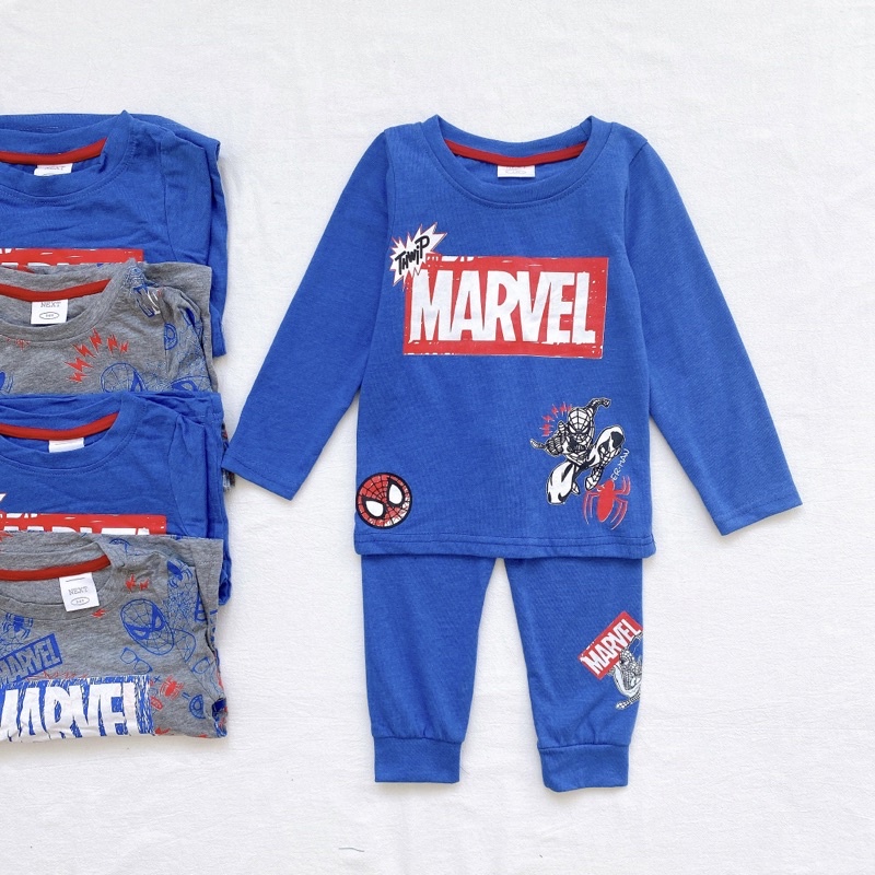 Set 2 bộ cotton dài tay cho bé trai in marvel xanh ghi