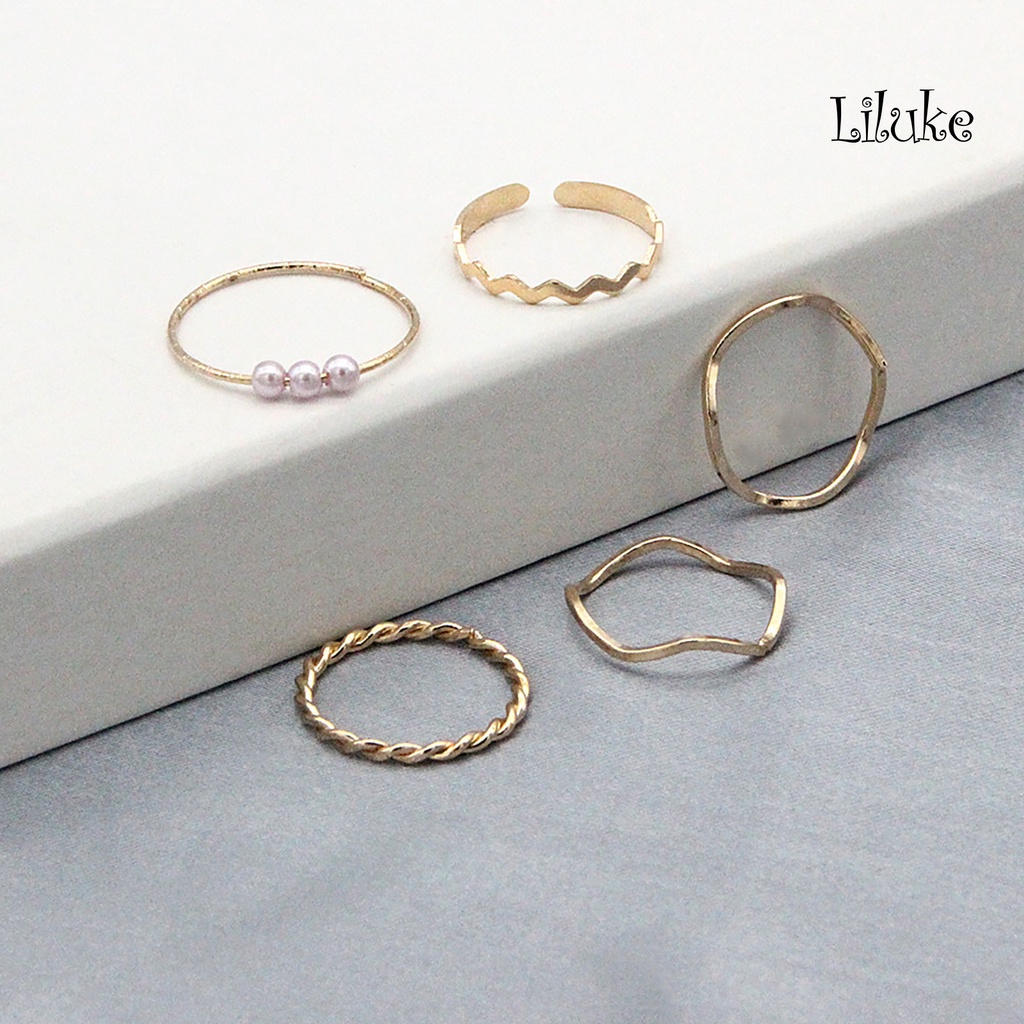 Bộ 5 Nhẫn Hợp Kim Đính Đá Kiểu Dáng Thời Trang Cho Nữ