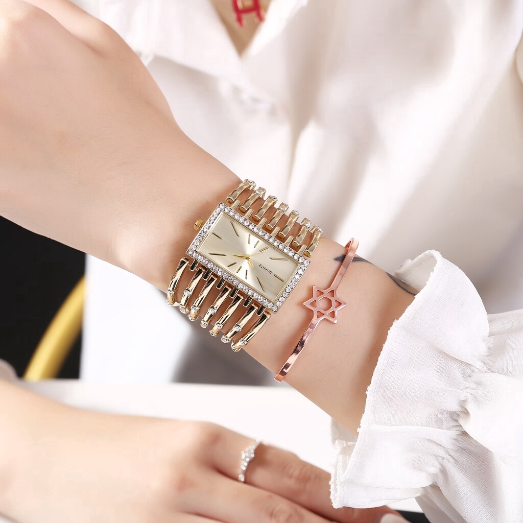 Đồng hồ inox mặt vuông đính đá thời trang cho nữ