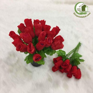 Cành hoa hồng giả - hoa vải lụa màu đỏ
