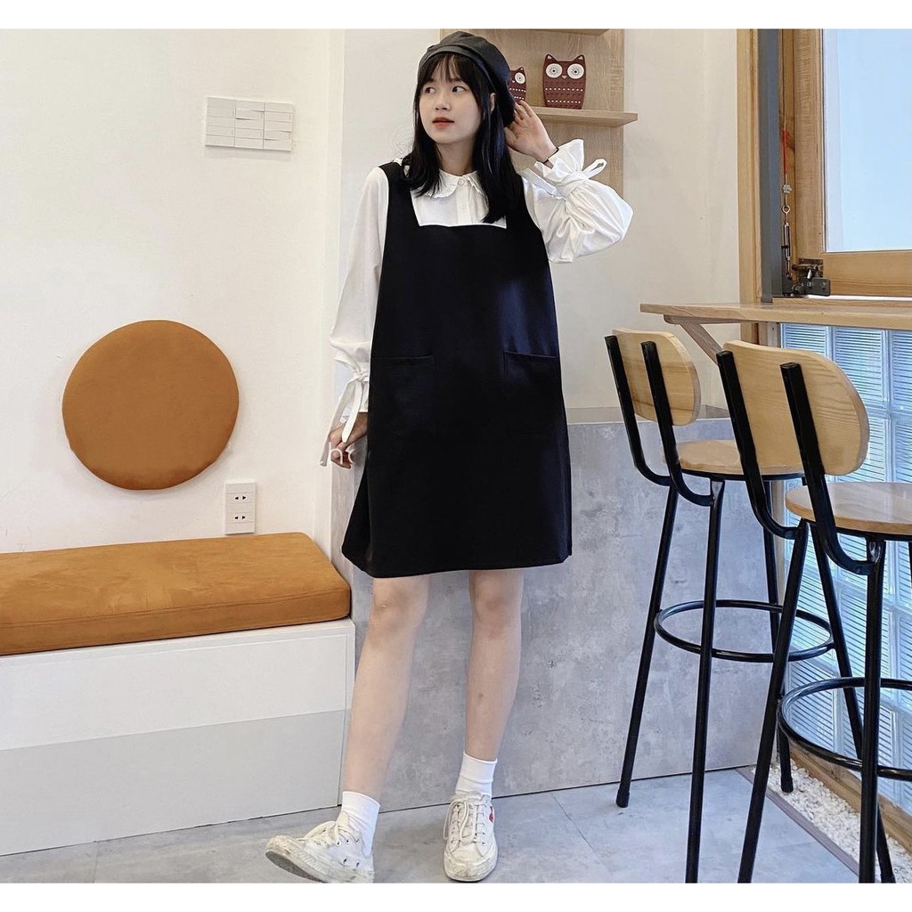 Đầm chữ A tay pha màu trắng - Váy Yếm Thiết Kế Tay Nơ Hàn Quốc