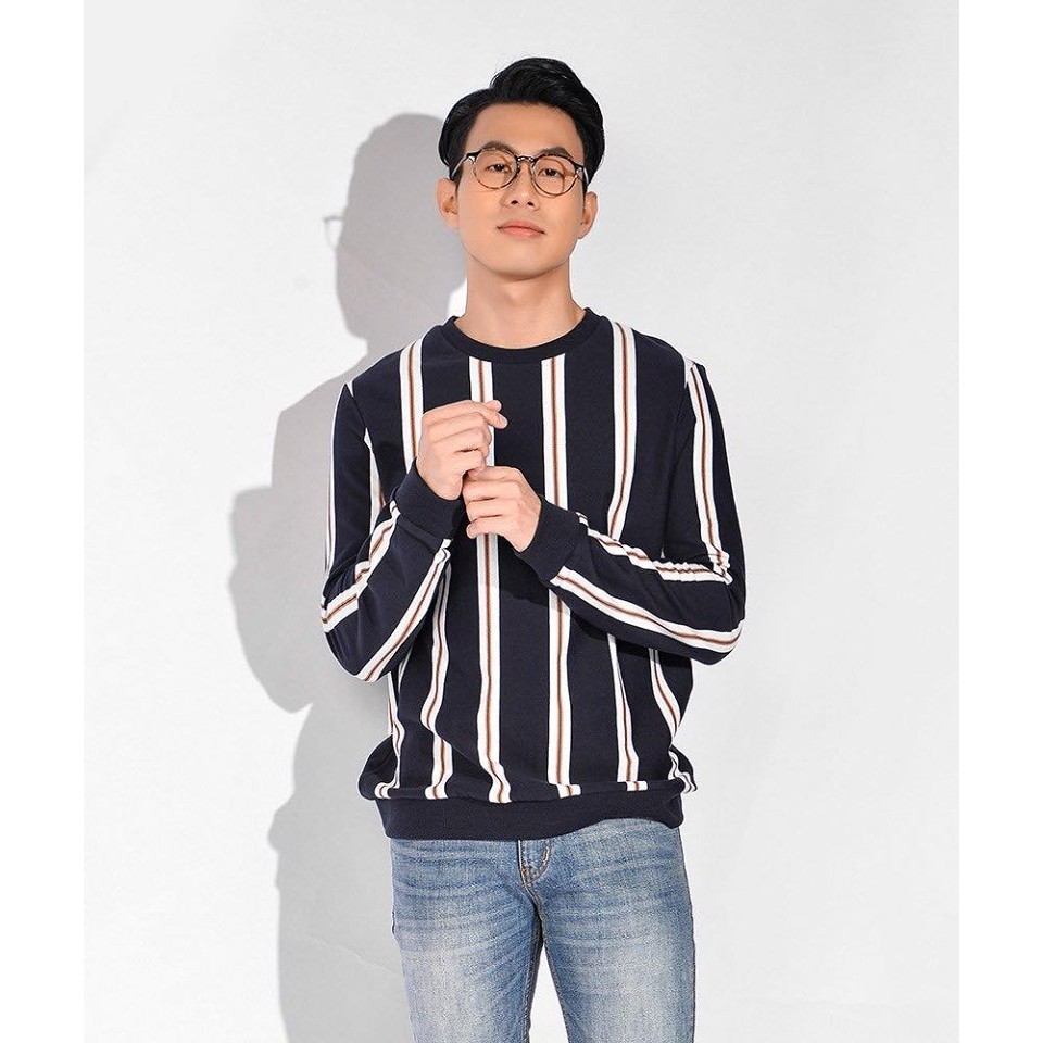 Áo thun ROUTINE - SWEATSHIRT AT tay dài nam kẻ sọc dọc màu vàng cam