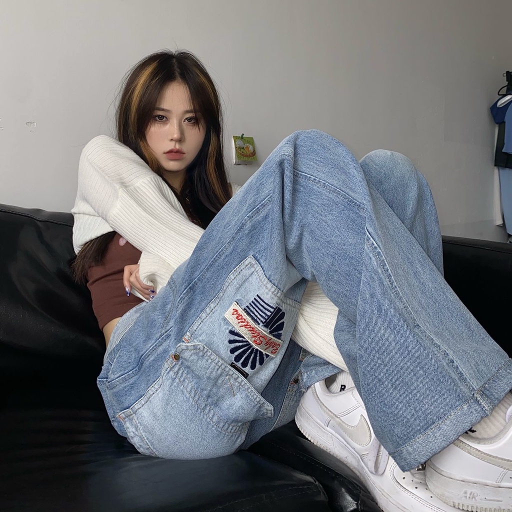 Jiashucheng Quần Jean Ống Rộng Phối Túi Màu Gradient Phong Cách Retro Đường Phố Mỹ