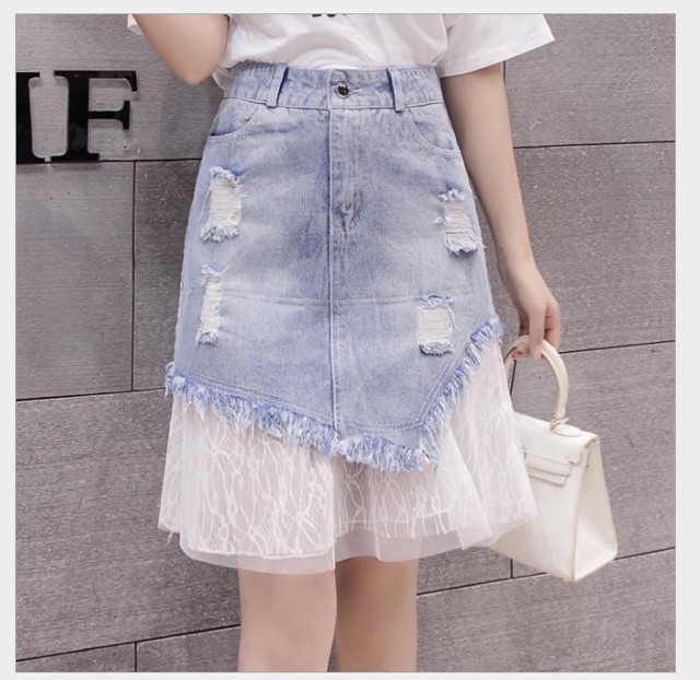 Chân váy jeans mix ren