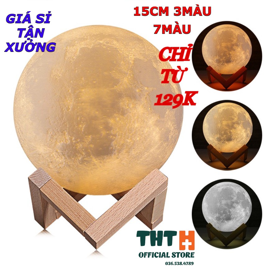 Đèn Ngủ Mặt Trăng 7 màu  size 15 cm tặng kèm đế gỗ