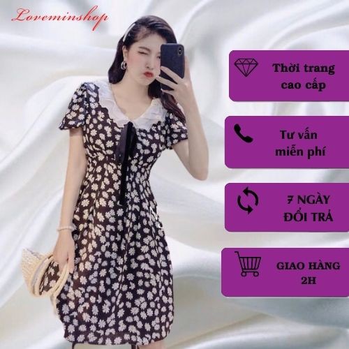 Váy đầm hoa cúc tiểu thư cổ ren tay ngắn dáng dài xòe,váy thiết kế Hotrend phong cách Hàn Quốc Freesize LOVEMIN-M18