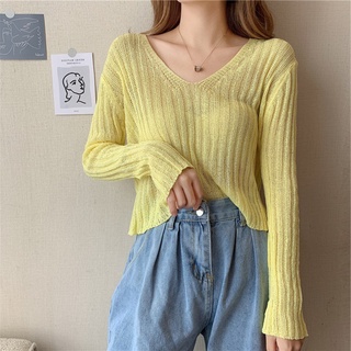MS229 Áo len dệt kim mỏng dài tay cổ tim